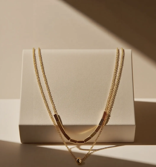 Golden Block & Pearl Necklace - Dual Chain