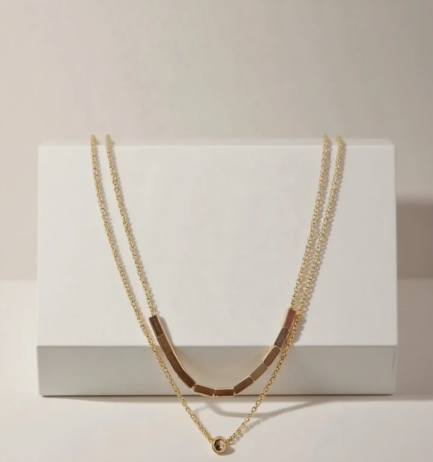 Golden Block & Pearl Necklace - Dual Chain